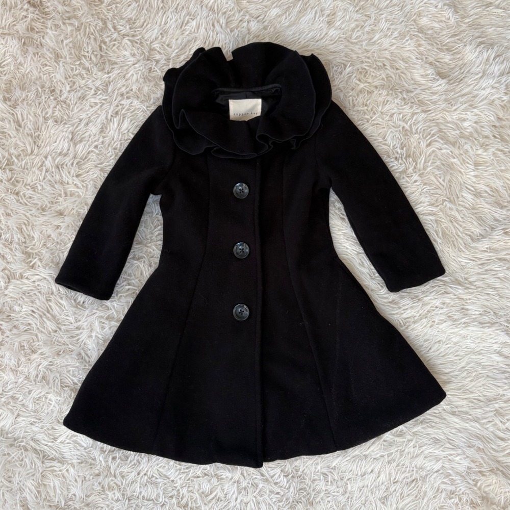 Copper Key Girls Black Ruffle Collar‎ Fit & Flare Coat Jacket Size 2/3